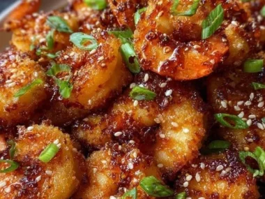 Crispy honey garlic shrimp bites served on a plate with dipping sauce