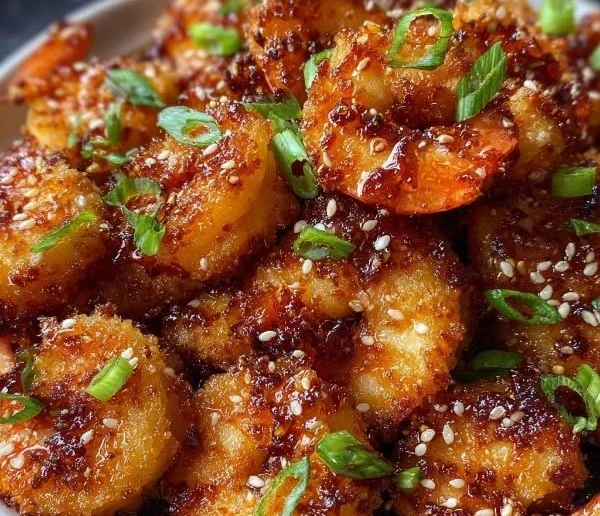 Crispy honey garlic shrimp bites served on a plate with dipping sauce