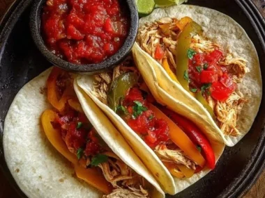 Crockpot Chicken Fajitas served in a warm tortilla with fresh vegetables