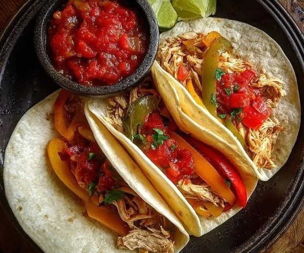 Crockpot Chicken Fajitas served in a warm tortilla with fresh vegetables
