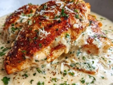 Crockpot Creamy Garlic Parmesan Chicken served with herbs and cheese