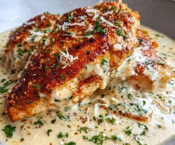 Crockpot Creamy Garlic Parmesan Chicken served with herbs and cheese