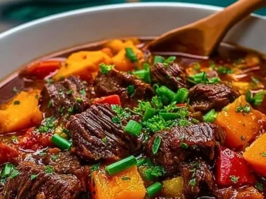 Crockpot Sweet Potato Beef Stew in a bowl, garnished with herbs and served hot.