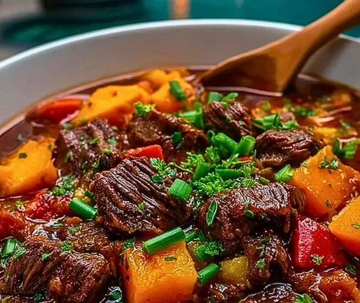 Crockpot Sweet Potato Beef Stew in a bowl, garnished with herbs and served hot.