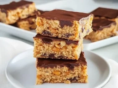 Crunchy peanut butter scotcheroos drizzled with chocolate and butterscotch.