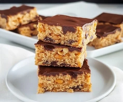 Crunchy peanut butter scotcheroos drizzled with chocolate and butterscotch.