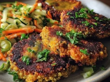 Crunchy quinoa veggie patties served on a plate with dipping sauce.