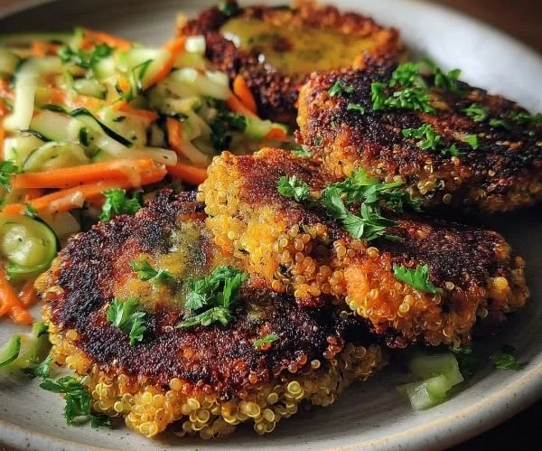 Crunchy quinoa veggie patties served on a plate with dipping sauce.