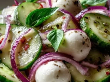 Cucumber Tomato Mozzarella Salad with fresh ingredients and vibrant colors