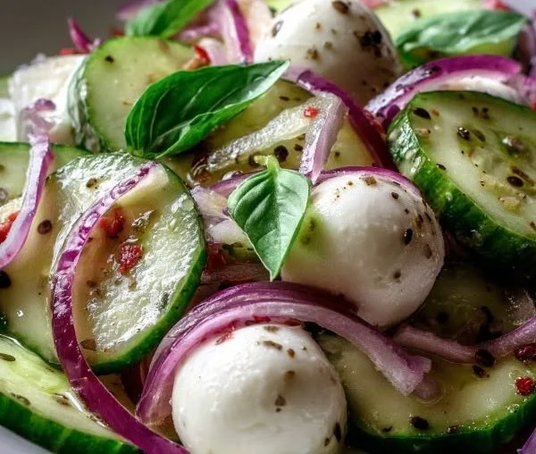 Cucumber Tomato Mozzarella Salad with fresh ingredients and vibrant colors