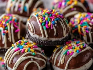 Decadent no-bake chocolate-dipped Oreo balls on a white plate