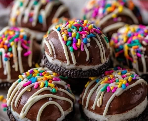 Decadent no-bake chocolate-dipped Oreo balls on a white plate