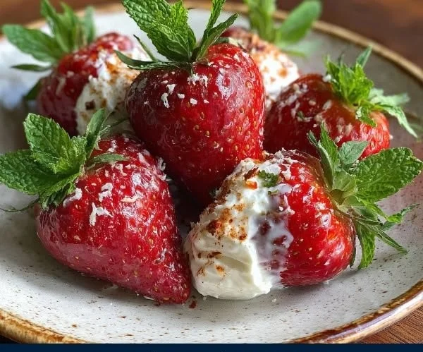 Deliciously stuffed deviled strawberries with cream filling on a plate
