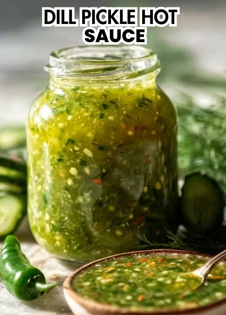 Bottle of dill pickle hot sauce with a spicy, tangy flavor profile.