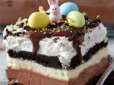 Delicious Easter Chocolate Lasagna with layers of chocolate and cream