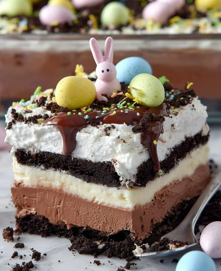 Delicious Easter Chocolate Lasagna with layers of chocolate and cream