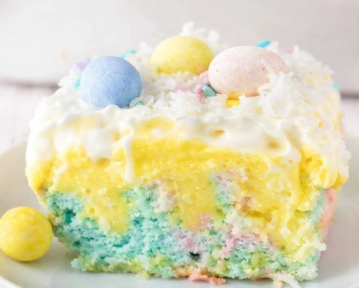 Colorful Easter Poke Cake with festive toppings and pastel colors