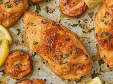 Easy baked honey dijon chicken on a plate with vegetables