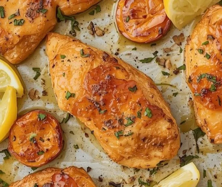 Easy baked honey dijon chicken on a plate with vegetables
