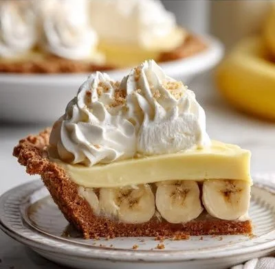 Delicious homemade banana cream pie slice with fresh bananas and whipped cream