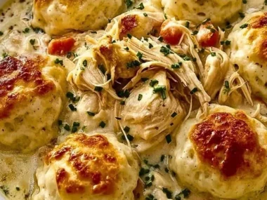 Delicious easy chicken and dumplings topped with flaky biscuits