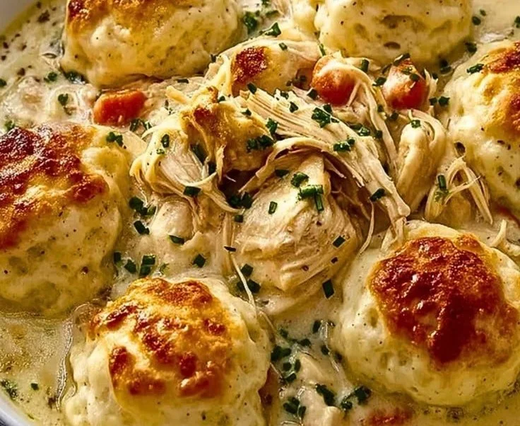 Delicious easy chicken and dumplings topped with flaky biscuits