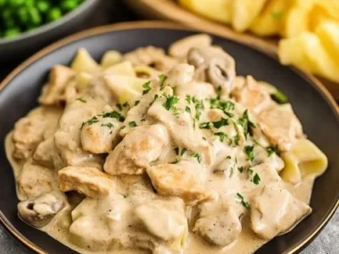 A creamy Chicken Stroganoff served on a plate with fresh herbs