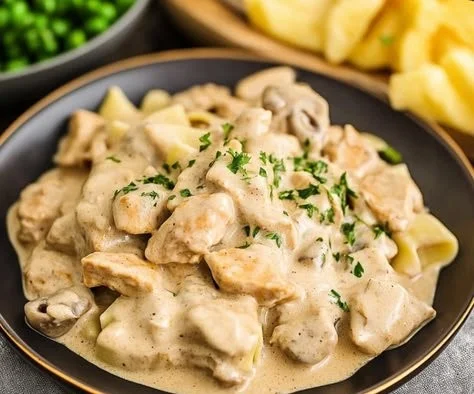 A creamy Chicken Stroganoff served on a plate with fresh herbs