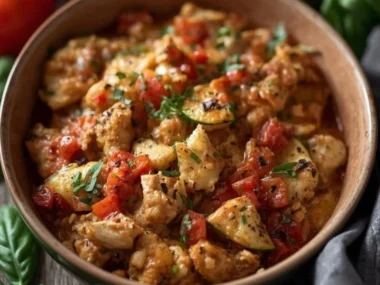 Delicious chicken zucchini casserole served in a baking dish