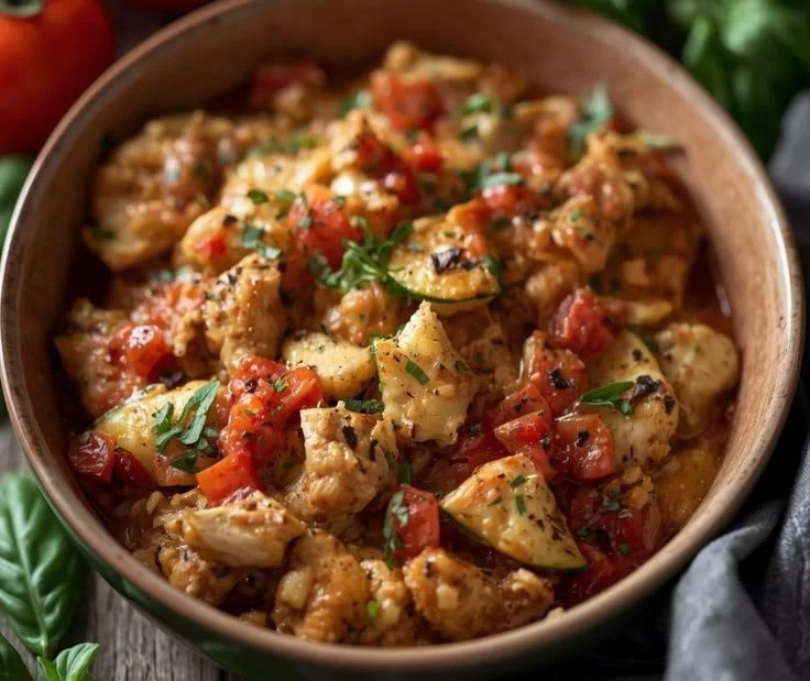 Delicious chicken zucchini casserole served in a baking dish