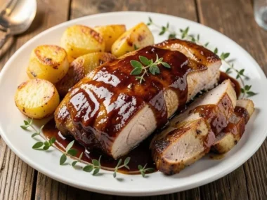 Easy Honey BBQ Chicken served with Garlic Parmesan Potatoes for dinner