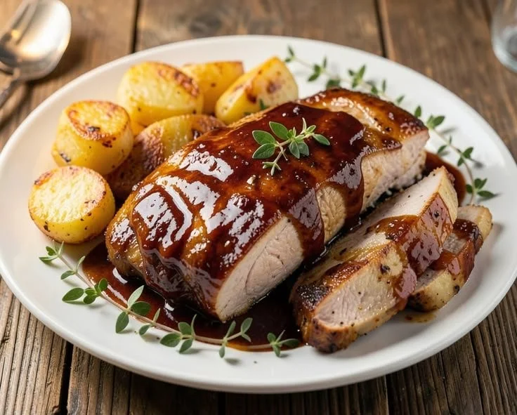 Easy Honey BBQ Chicken served with Garlic Parmesan Potatoes for dinner