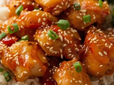 Delicious easy hot orange chicken served with rice