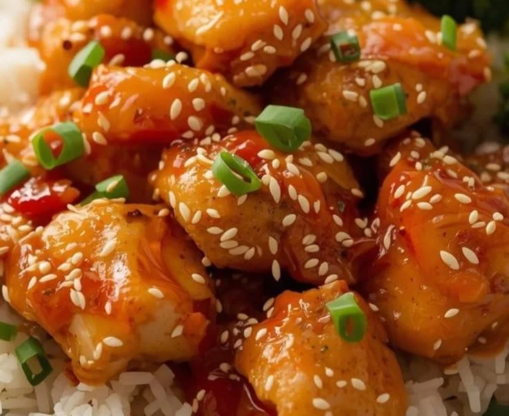 Delicious easy hot orange chicken served with rice