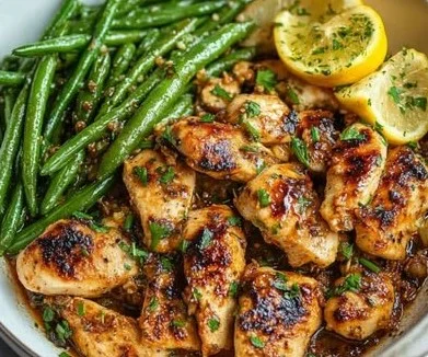Plate of easy lemon garlic chicken with green beans.