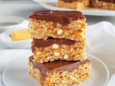 Delicious no-bake Scotcheroos topped with chocolate and butterscotch.