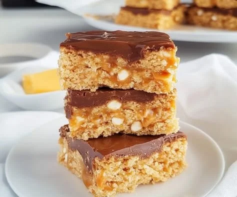 Delicious no-bake Scotcheroos topped with chocolate and butterscotch.