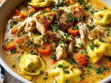 Bowl of easy one-pot chicken tortellini soup with fresh herbs and vegetables.
