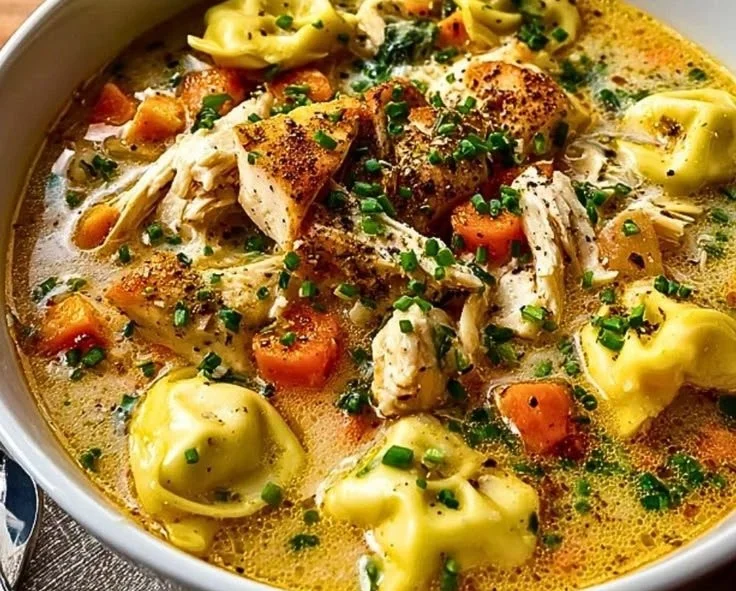 Bowl of easy one-pot chicken tortellini soup with fresh herbs and vegetables.