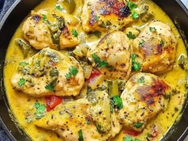 Delicious Easy Pepperoncini Chicken with spices and peppers served on a plate