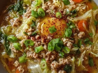 Bowl of homemade Egg Roll Soup with fresh vegetables and seasonings