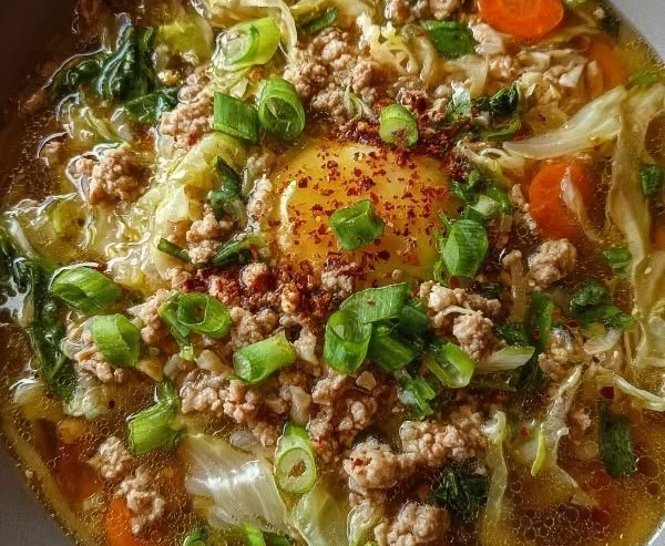 Bowl of homemade Egg Roll Soup with fresh vegetables and seasonings