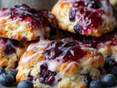 Flaky fruity glazed blueberry biscuits served on a plate