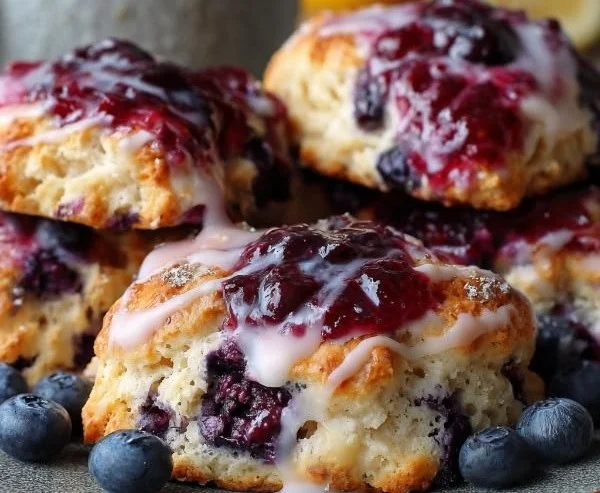 Flaky fruity glazed blueberry biscuits served on a plate