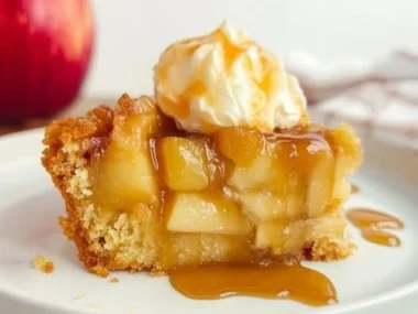 Delicious French Apple Cake topped with fresh apple slices and powdered sugar