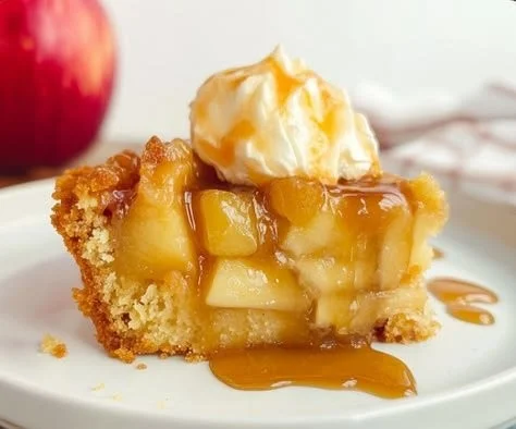 Delicious French Apple Cake topped with fresh apple slices and powdered sugar