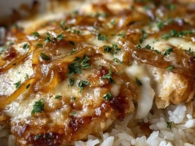 Delicious French Onion Chicken Bake topped with melted cheese and caramelized onions.