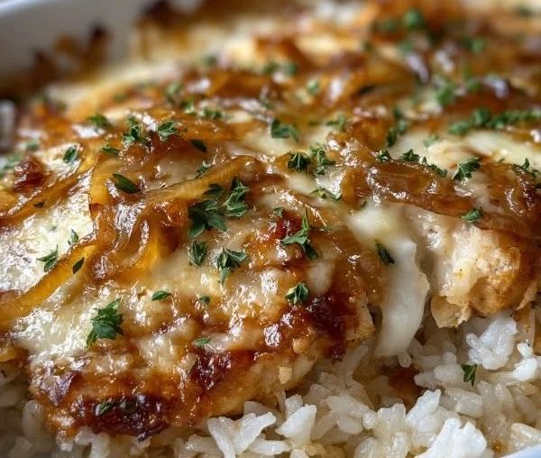 Delicious French Onion Chicken Bake topped with melted cheese and caramelized onions.