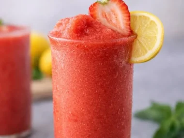 A refreshing glass of frozen strawberry lemonade topped with fresh strawberries.