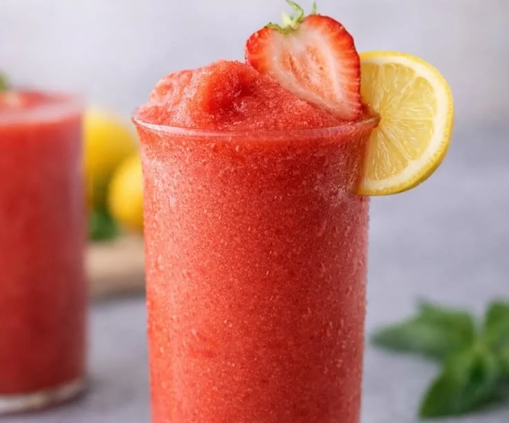 A refreshing glass of frozen strawberry lemonade topped with fresh strawberries.